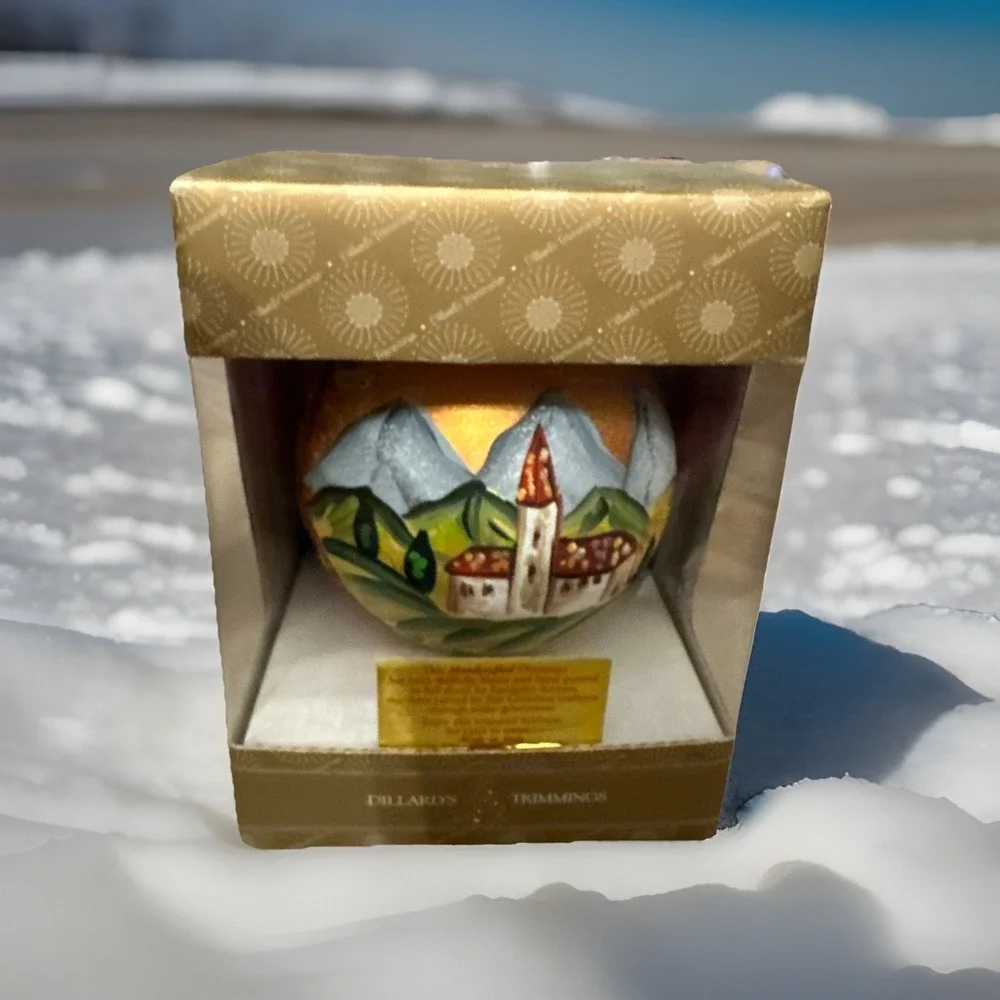 Dillards Trimmings Christmas Gold w/ Hand Painted Mountain & Church Scene Signed